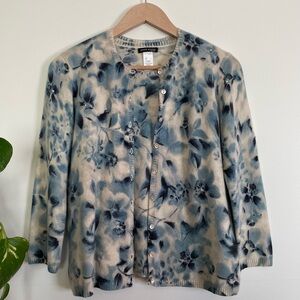 Anne Klein 100% Pure Cashmere 2pc Sweater Set Blue Floral 3/4 Sleeves Size L